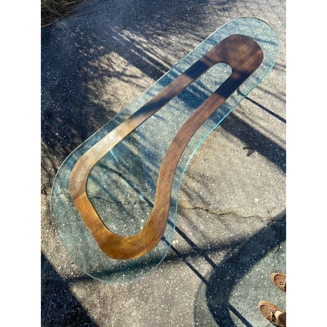 Rare Boomerang Coffee Table With Thick Glass Top + Tall Brass Legs | Mid Century Modern For Sale - Image 4 of 13