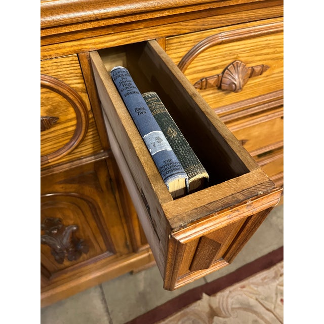 1920s American Jacobean Revival Oak Secretary China Cabinet Hutch With Hidden Prohibition Compartmen For Sale - Image 10 of 11