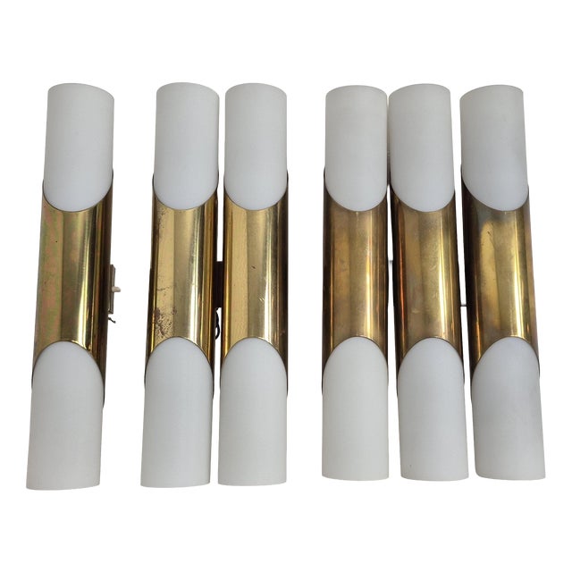 Opal Glass and Brass Wall Sconces by Rolf Krüger for Paul Neuhaus Leuchten, Germany, 1960s, Set of 3 For Sale