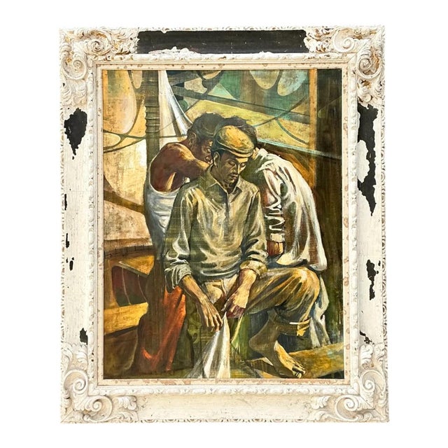 This vintage oil on canvas painting portrays three laborers in a quiet, contemplative moment of rest from their work,...