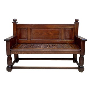 Antique Spanish Oak Bench With Paneled Back and Turned Legs For Sale