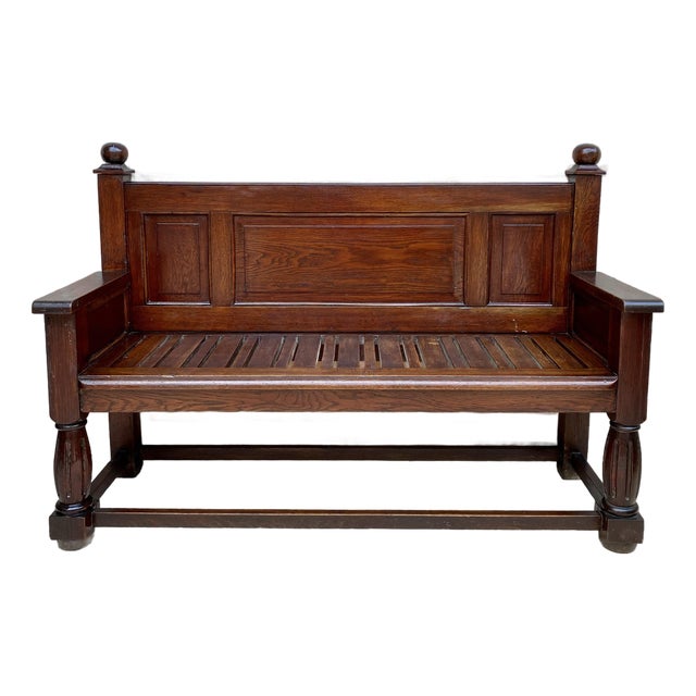 Antique Spanish Oak Bench With Paneled Back and Turned Legs For Sale