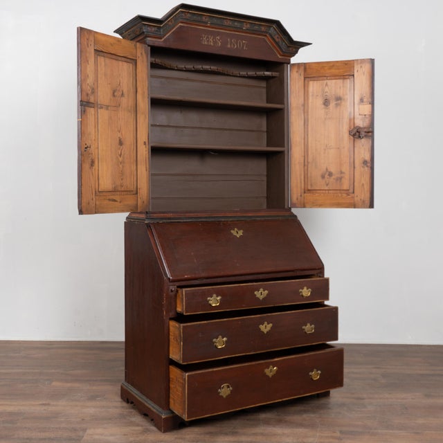 19th century original painted Swedish secretary dated 1807, crafted in pine and retaining its original painted surface....
