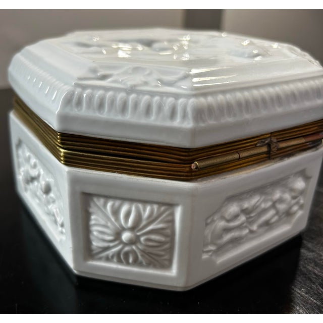 1920s Antique French Blanc De Chine Ironstone With Bronze Dresser Box With Cherubs For Sale - Image 5 of 10