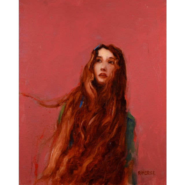 Curiosity by Ryan Morse | Oil on panel Portrait of a woman with long hair against a pink background For Sale