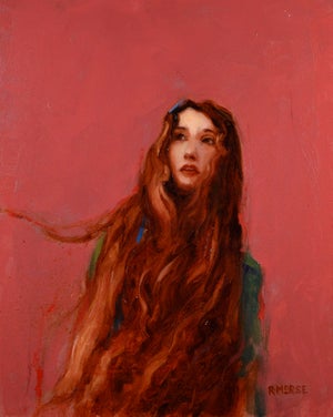 Curiosity by Ryan Morse | Oil on panel Portrait of a woman with long hair against a pink background