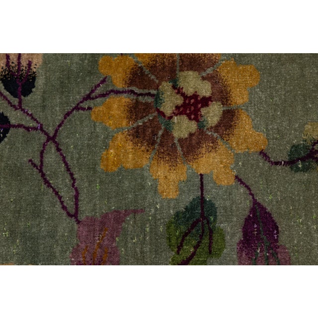 Antique 1920s Art Deco Chinese Nichols Rug in Sage Green & Plum Floral Design For Sale - Image 4 of 12