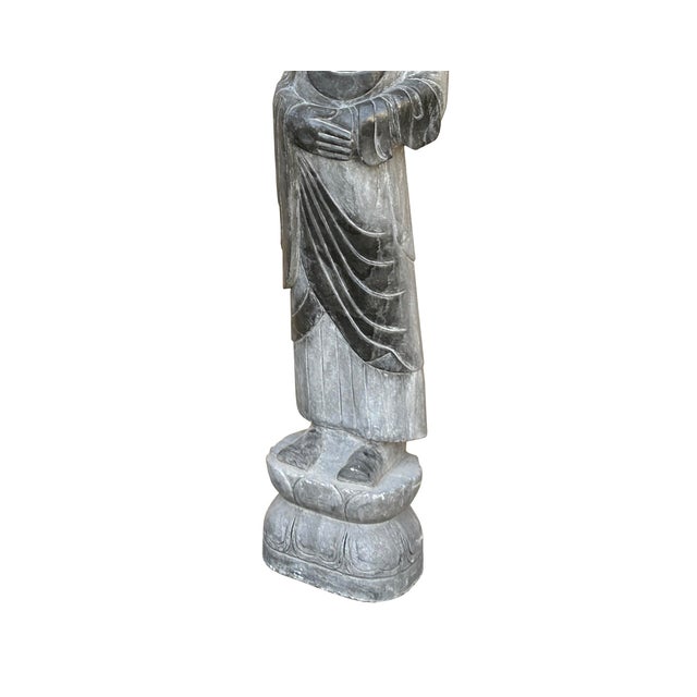 Stone Chinese Weathered Black Gray Patina Stone Standing Monk Luohan Arhat Statue For Sale - Image 7 of 12