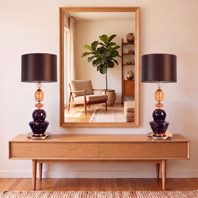 Pair of mid century modern Murano glass table lamps, Italy 1990s. The large lamps are made of Murano glass elements and...
