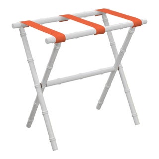 White Wood Bamboo Inspired Luggage Rack with 3 Orange Nylon Straps For Sale
