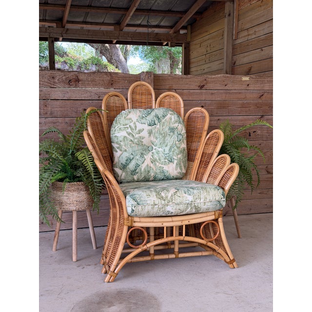Tan Vintage Sculptural Rattan Fan Back Palm Frond Lounge Chair For Sale - Image 8 of 10