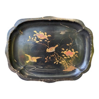 Vintage Black Lacquer Chinoiserie Bird Tray For Sale