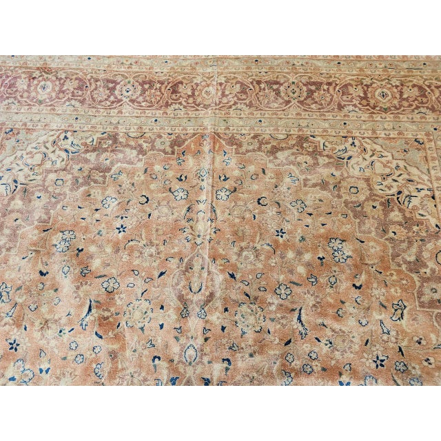 Vintage Persian Tabriz Rug, Hand-Knotted Wool, Floral Pattern, Pale Apricot & Burgundy, 10x13 For Sale - Image 14 of 16