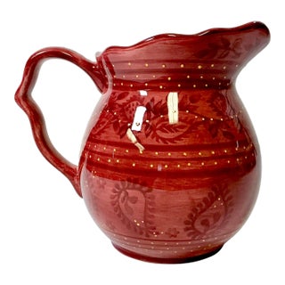 1990s Boho Chic Farmhouse Scalloped Handle Hand Painted Ceramic Pitcher. For Sale