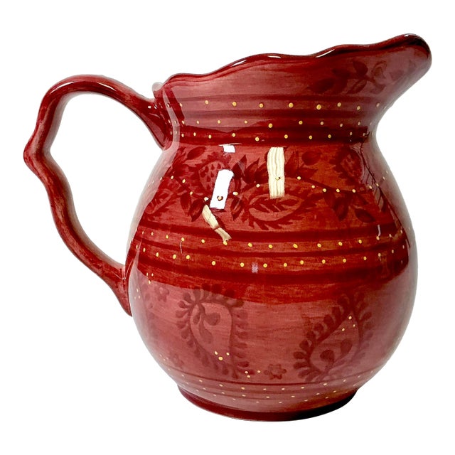1990s Boho Chic Farmhouse Scalloped Handle Hand Painted Ceramic Pitcher. For Sale
