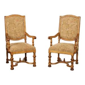 French Louis XIV Style Pair of Carved Frame Fauteuil Armchairs