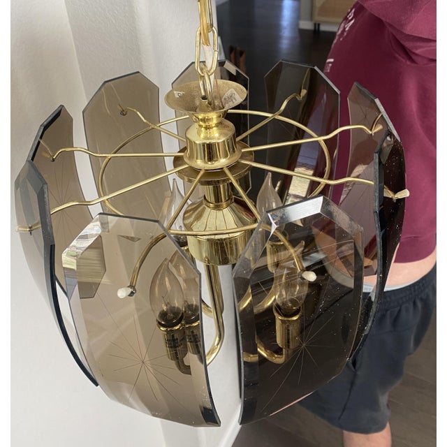 Late 20th Century Vintage Catalina Lighting Smoked Curved Glass Beveled Chandelier For Sale - Image 5 of 12