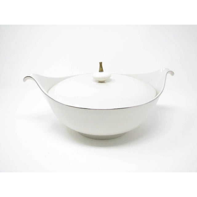 Vintage John Gilkes Holiday Heirloom White China Lidded Serving Bowl Dish With Brass Finial and Curved Handles For Sale - Image 13 of 13