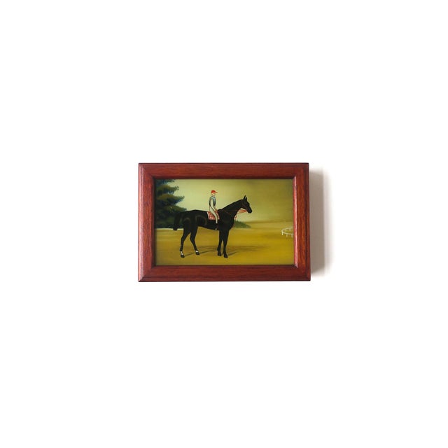 A horse and rider, Equestrian aesthetic, decorative jewelry box. Box is wood with reverse decorated glass lid depicting...