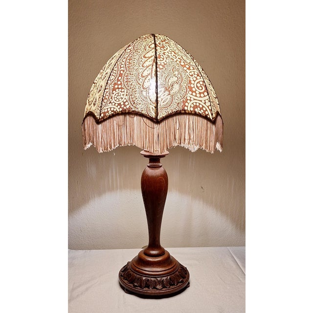 Wood Art Deco German Table Lamp with Oak Base and Fabric Shade,1930s For Sale - Image 7 of 7