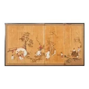 17th Century Japanese Edo Four Panel Screen Hotei With Chinese Sages