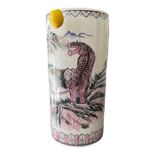 Late 20th Century Pink Tiger Asian Ceramic Umbrella Stand For Sale