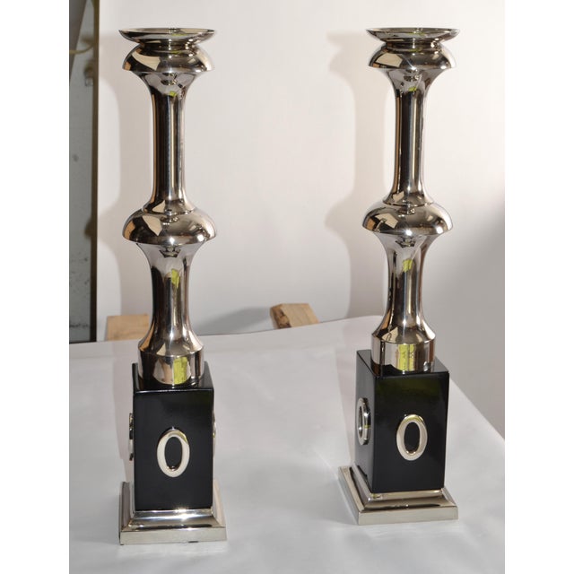 2 Art Deco Style Heavy Votive Polished Nickel Black Decorate Base Candle Holder For Sale - Image 12 of 15