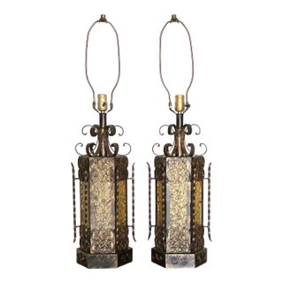 Pair Vintage Mid-Century Spanish Revival Table Lamps Wrought Iron Glass Panels, C. 60s For Sale