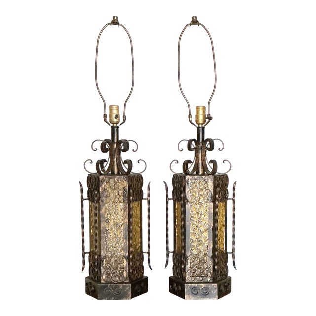 Pair Vintage Mid-Century Spanish Revival Table Lamps Wrought Iron Glass Panels, C. 60s For Sale