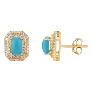 14k Yellow Gold 1.34ct Turquoise Cabochon Diamond Double Halo Stud Earrings- A Pair For Sale