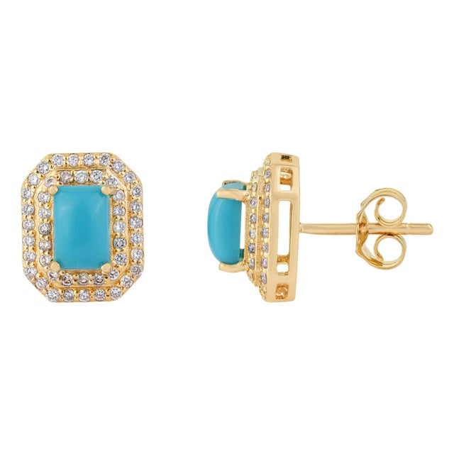 14k Yellow Gold 1.34ct Turquoise Cabochon Diamond Double Halo Stud Earrings- A Pair For Sale