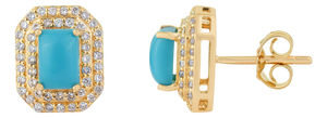 14k Yellow Gold 1.34ct Turquoise Cabochon Diamond Double Halo Stud Earrings- A Pair