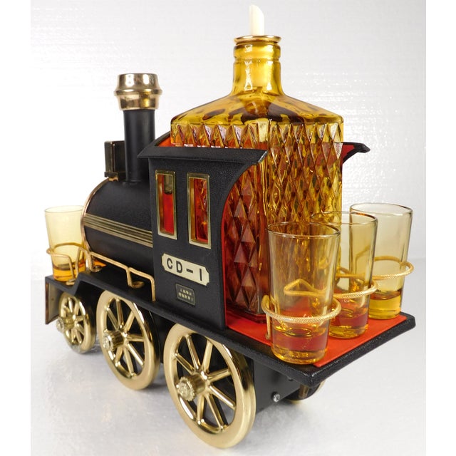Metal Vintage Figural Iron Horse Steam Engine Musical Decanter With Shot Glasses - 8 Piece Set For Sale - Image 7 of 16