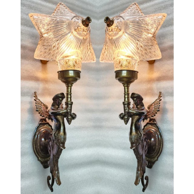 Pair Vintage Art Nouveau Deco light Old Lamp Mermaid Wall Sconces Fixture Brass & Star Glass Light Lamp Excellent Working...