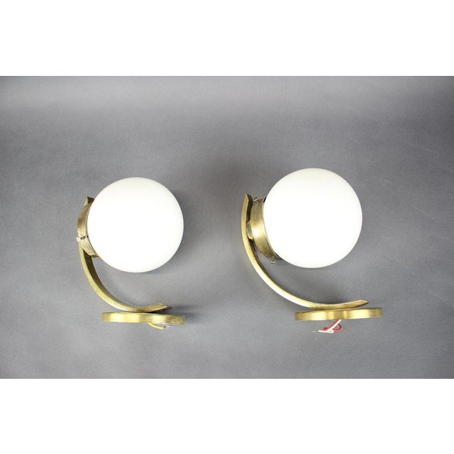Art Deco Brass Wall Lamps with Opaline Glass, Europe, 1930s, Set of 2 For Sale - Image 4 of 14