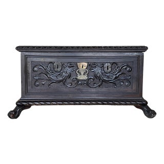 19th Century Spanish Carved Cassone Trunk with Original Hardware and Three Locks For Sale