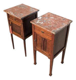 Pair of Antique French Marble Top Nightstands – Oak Bedside Tables With Drawers and Cabinets, Early 20th Century