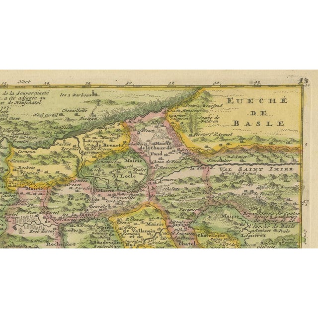 Gold Antique Map of Neuchâtel & Lake Neuchâtel with Heraldry, 1706 For Sale - Image 8 of 10