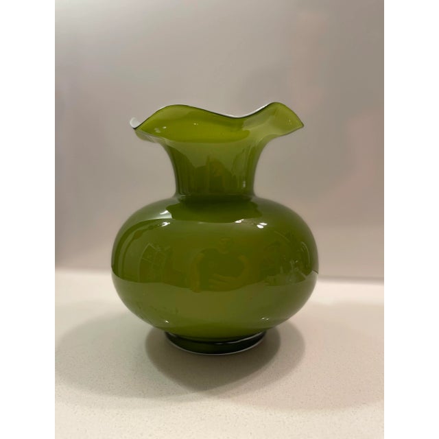 Boho Chic Olive Green Vase With White Flower Top For Sale - Image 11 of 12