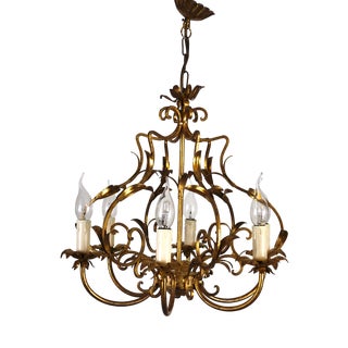 Hollywood Regency Gold-Plated Metal Chandelier, 1960s For Sale