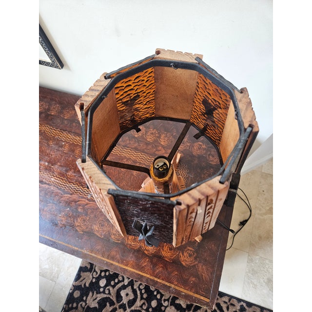 Early 20th Century Arts and Craft Wood and Slag Glass Lamp Hand Carved Panels and Wrought Iron Accents For Sale In Miami - Image 6 of 7