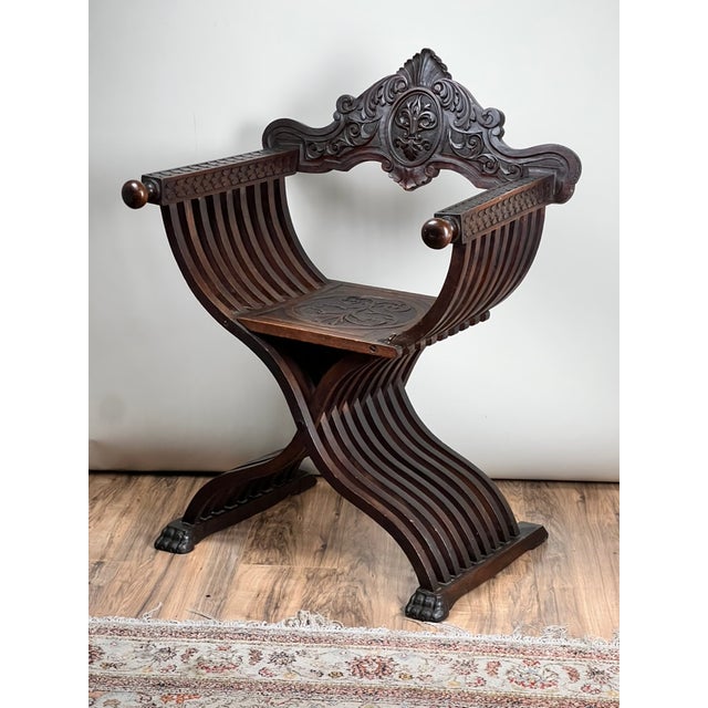 Brown Antique Italian Renaissance Walnut Savonarola Chair C. Late 19th Century For Sale - Image 8 of 12