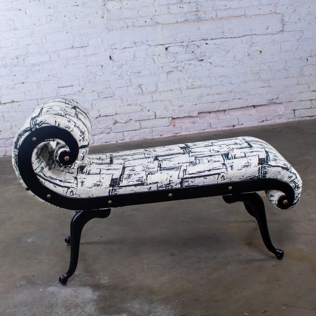 1930-1940’s Hollywood Regency Chaise Style Bench by Irving Chase Manufacturing Scrolled Arm & Black Painted Frame For Sale - Image 18 of 18