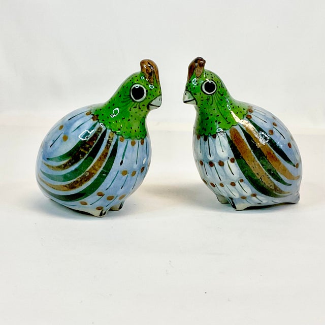 1950s Cinco De Mayo - 1950s Boho Chic Folk Art Mexican Tonala Hand Painted Pottery Partridges, Artist Signed - A Pair. For Sale - Image 5 of 10