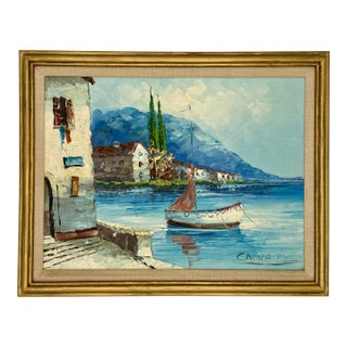 Vintage Camprio Palette Knife Oil Painting, Mediterranean Harbor With Sailboat and Cypress Trees, Signed, Gold Frame For Sale