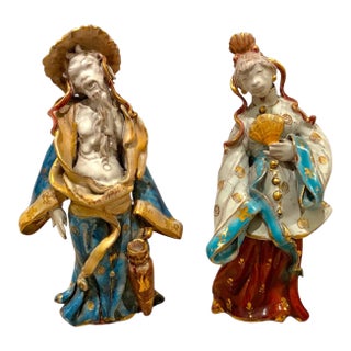 Eugenio Pattarino Ceramic Sculpture of Chinese Man and Lady, Italian Chinoiserie For Sale