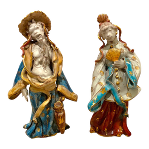Eugenio Pattarino Ceramic Sculpture of Chinese Man and Lady, Italian Chinoiserie