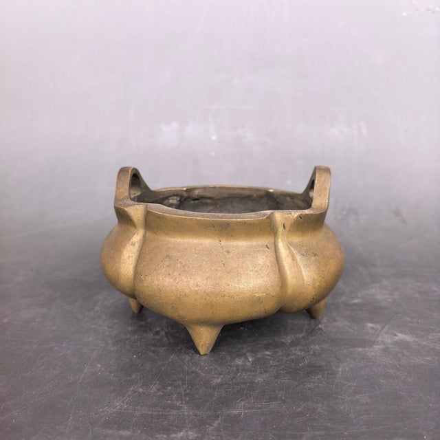 Vintage Solid Brass Incense Burner, Yuanbao Ears & Tripod Feet, Melon Shaped Chinoiserie Censer for Altar and Table Decor For Sale In Los Angeles - Image 6 of 9