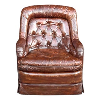 Vintage 1970s Drexel Heritage Brown Leather Button-Tufted Swivel-Tilt Lounge Chair For Sale