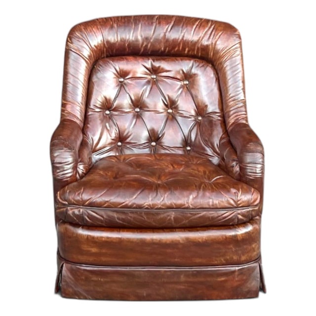 Vintage 1970s Drexel Heritage Brown Leather Button-Tufted Swivel-Tilt Lounge Chair For Sale